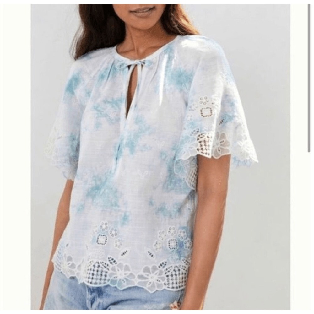 Anthropologie Eyelet Top Blue Tie Dye Tie Neck Boho Blouse‎ Medium